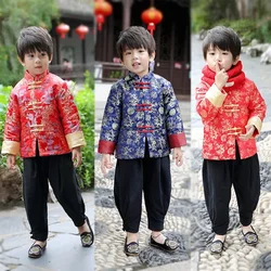 Roupas tradicionais do ano novo chinês para crianças, Festival do bebê menino retrô extravagante Golden Dragon Tang Suit, top de cetim estampado e calças