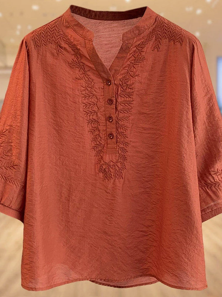 Linen Embroidered V-Neck Half Sleeve Loose Fit Breathable Shirt for Middle-Aged Women Fashionable Casual Top Comfortable