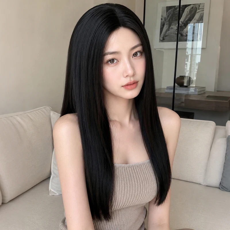

This 28-inch smooth, black synthetic wig is glossy, simple, and elegant, suitable for everyday wear.