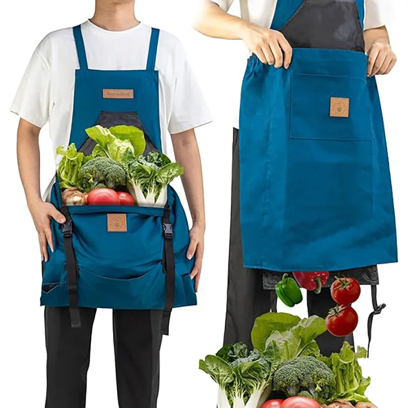 D2 Oxford Cloth Garden Apron with Large Storage Pocket Reusable Shopping Vegetables Bag Apron Kitchen Fruits Flowers Organizer