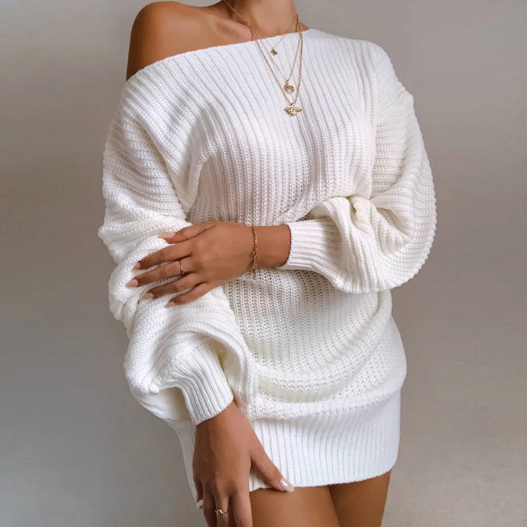 

Autumn Spring Sexy Party One Shoulder Mini Knitted Dress Women Casual Sweater Dress Elegant Solid Long Sleeve Dresses