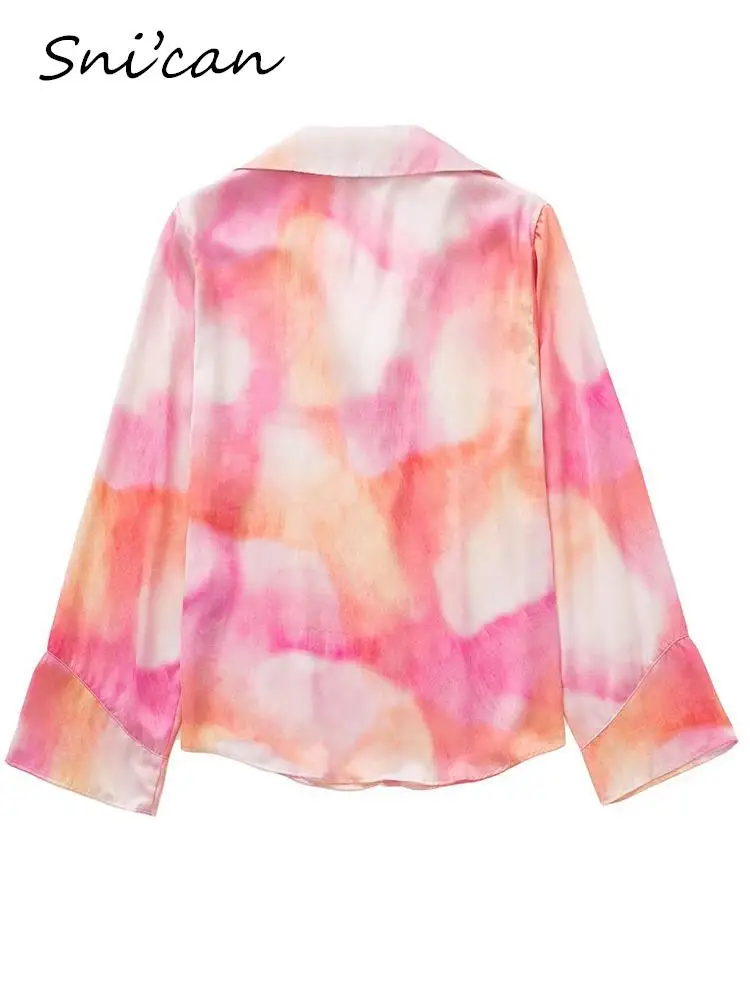 Pink Tie Dye Satin Blouse Women Fashion Long Sleeve Turn Down Collar Casual Office Ladies Shirts 2022 Female Chic Tops Chandails