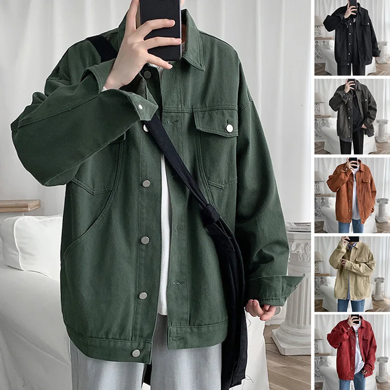 

Trendy Tooling Jacket Men Spring Casual Top Lapels Multi-pockets Denim Coats Loose Long Sleeves Single Breasted Men's Clothing