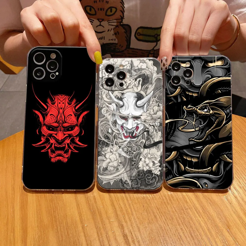 Samurai Oni Mask Tattoo Dragon Art Clear Phone Case For iPhone 15 14 11 12 13 Pro Max Mini X XS XR 8 7 Plus Back Cover Soft Case