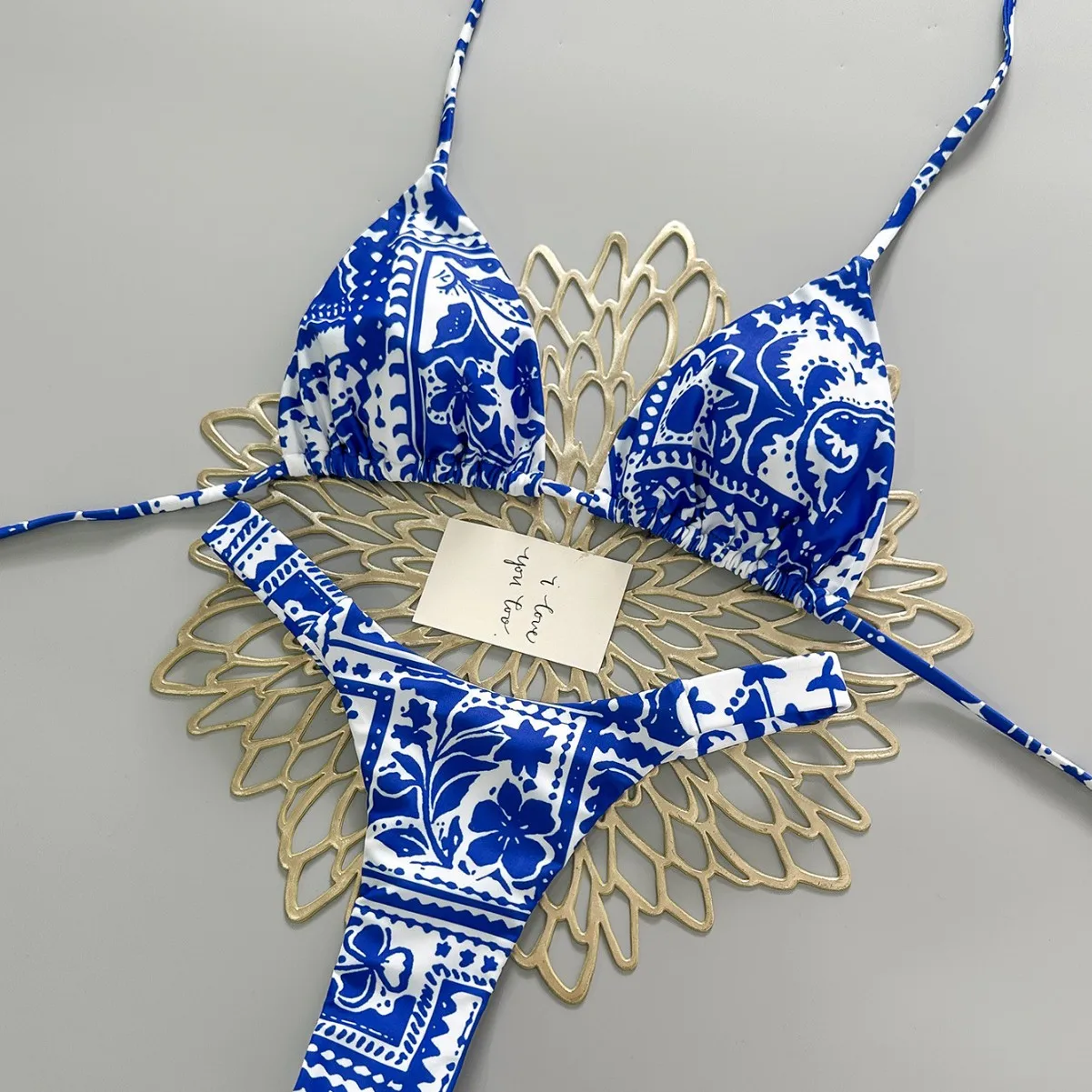 2026 Blue and White Porcelain Printed Bikini Neck Triangle Cup Split Swimsuit Women's Beach Holiday Swimsuit