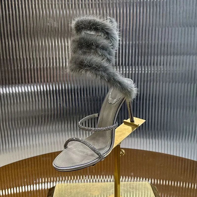 Sandals Women Fur Decor Snake Shaped Elastic Strap Sandalias Rhinestone Decor Thin Heels Wedding Shoes Summer Dress Shoes Pumps