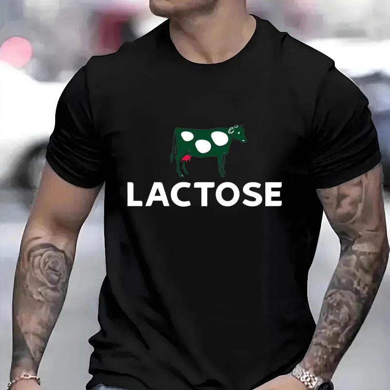 2026 New Green Cow Patterned Men Women T-shirt Letter LACTOSE Print Unisex Tee Classic Harajuku Couple Casual Hip-hop Clothing
