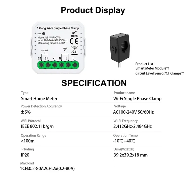 A47Z Tuya Wifi Smart Meter Tuya Wifi Smart Meter Current Transformer Sensor Clamp Statistician 1/2 Channel Import Power 80A 1CT