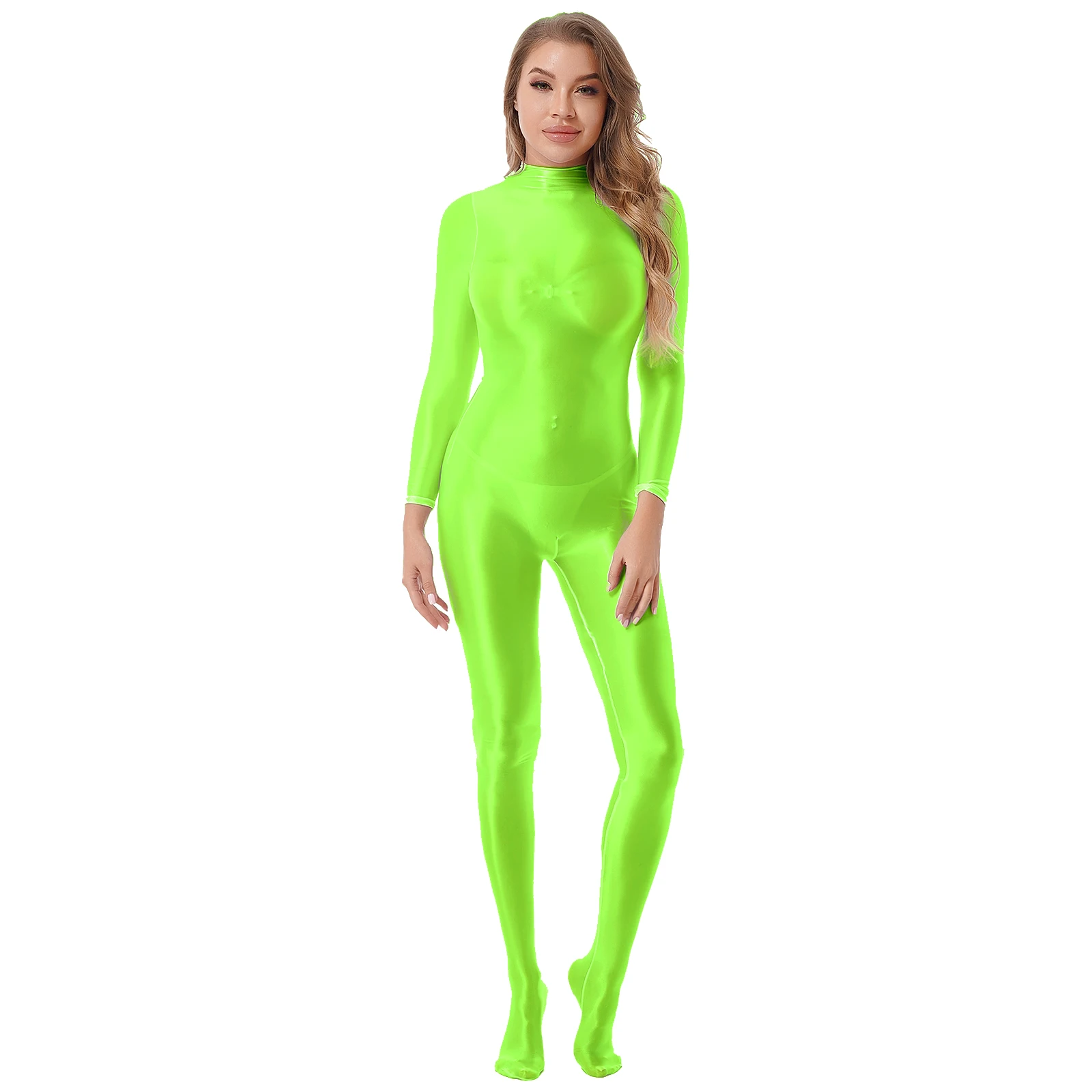 Womens Ladies Glossy Long Sleeve Bodycon Jumpsuit Romper Mock Neck Sport Fitness Gym Bodystocking Rave Party Clubwear