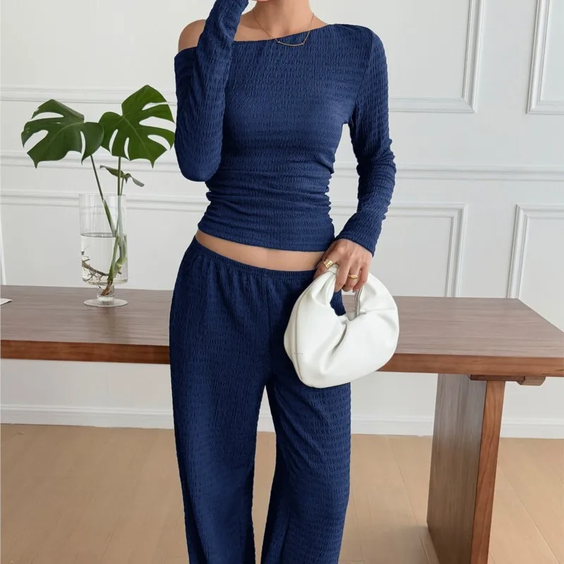 Casual Home Women's Two-piece Fashionable Solid Color Sloped Collar Long-sleeved Slim Top Paired With Loose Wide-leg Pants Suit