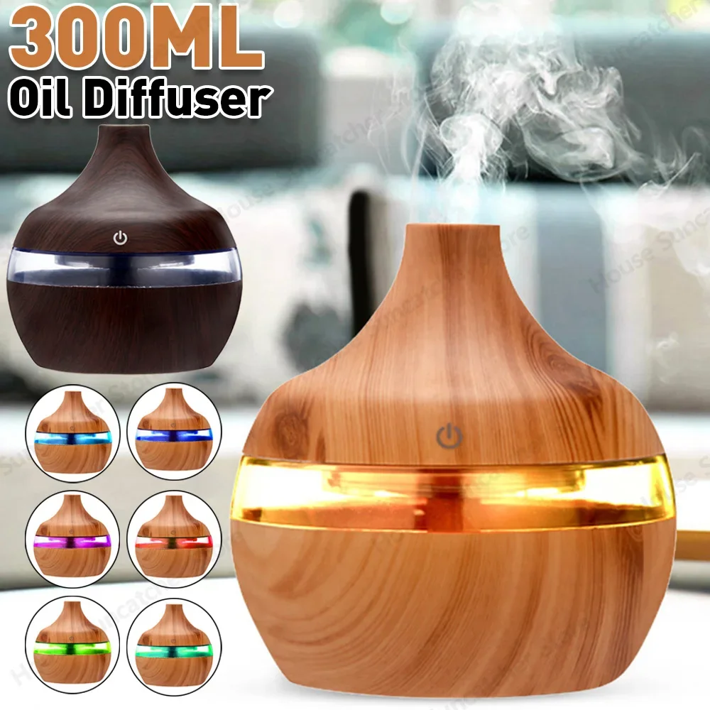 

300ml Wood Grain Humidifier 7 Colors Aroma Diffuser Atomizer USB Household Humidifier Hydrating Instrument Desktop Humidifier