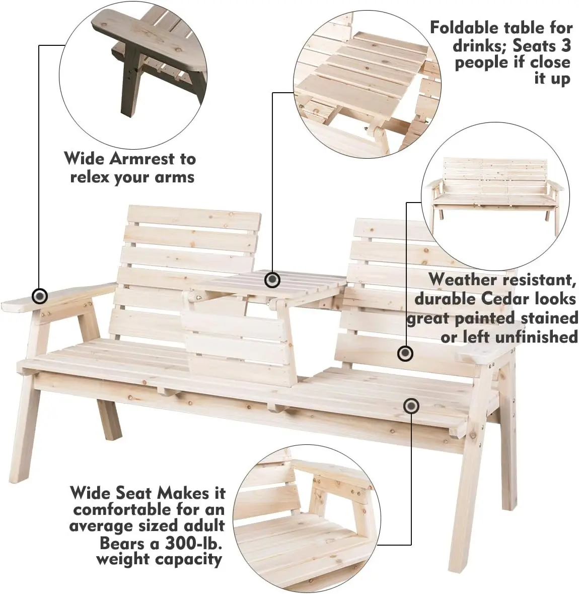 Houten Houten Terras Tuinbank Met Opvouwbare Tafel, Buiten Houten Veranda 3-zits Bank Stoel Voor Tuin Balkon Terras Terug