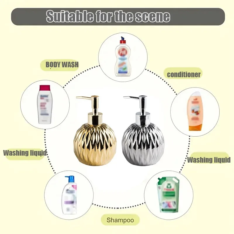 1Pcs 400ML Siver Gold Soap Dispenser Kitchen Bathroom Hand Liquid Soap Dispenser Ceramic Shampoo Lotion Shower Gel Pump Bottles