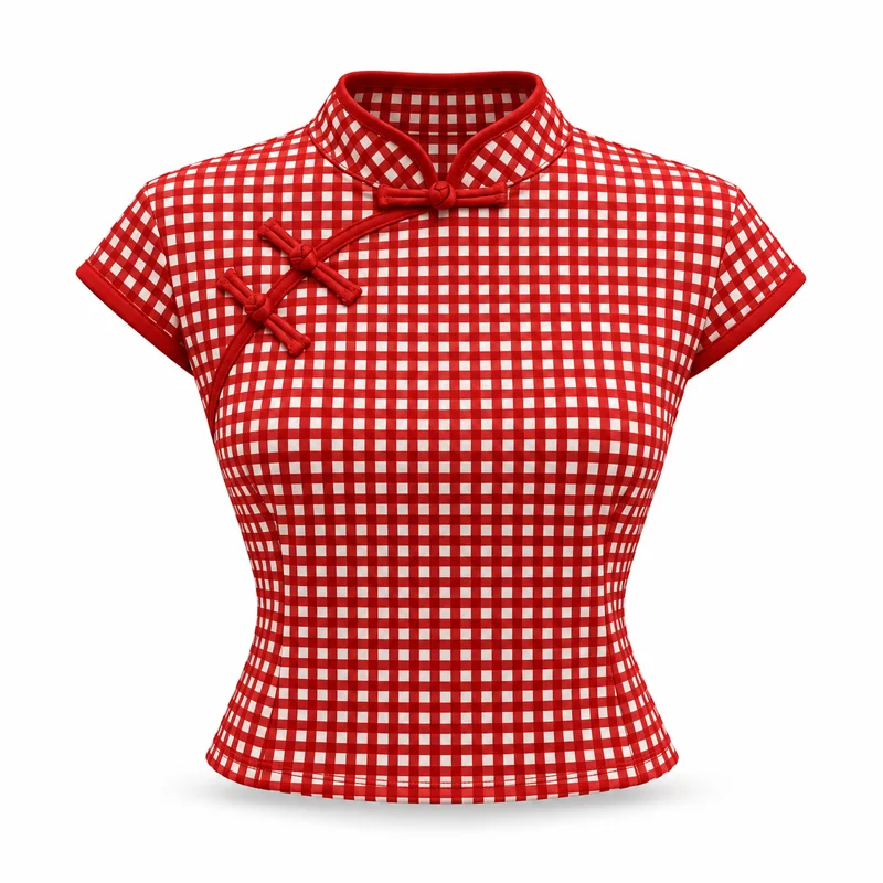 2026 Neues Damen-T-Shirt mit Gingham-Karo, Kurzarm, Stehkragen, Froschknopf, Slim Fit, Retro-Chinesischer Stil, Sommer-Mode-Oberteil – Detail 3