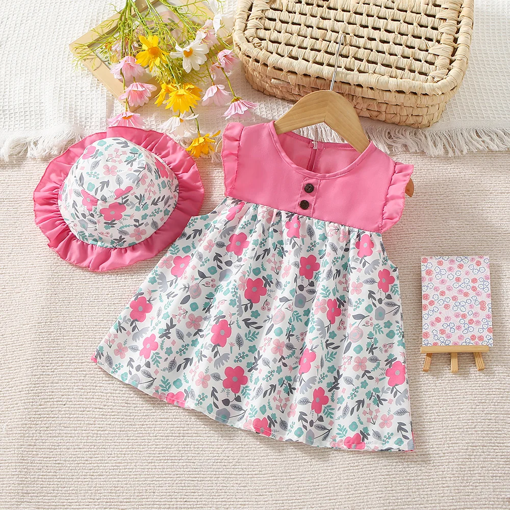 New Summer Baby Girl Floral Dress Girl Sleeveless Pure Cotton Newborn Birthday Dress Comes with Sun Hat