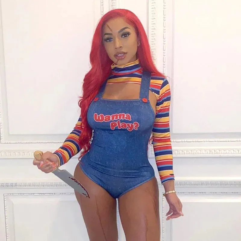 Women Sexy Plus Size Chucky Cosplay Halloween CostumesTv&Movie Cute Two Piece Sets Outfit for Party