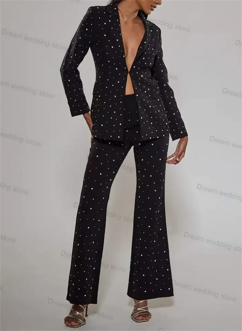 Formal preto cristais feminino ternos saia 1 peça longo blazer casamento smoking feito sob encomenda outono escritório senhora jaqueta casaco vestido de baile