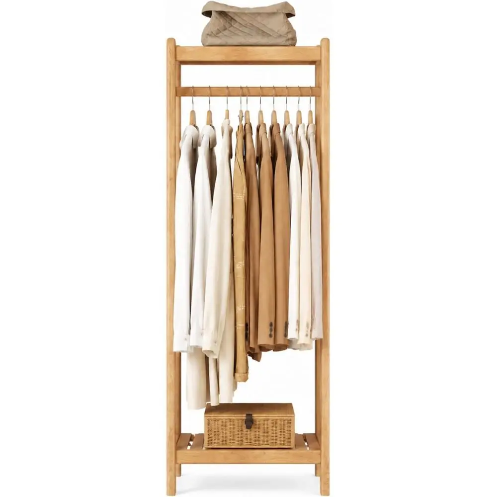 

Oak Wood 16 x 20 x 63 Clothing Rack with Shelves for Bedroom, Living Room, and Entryway