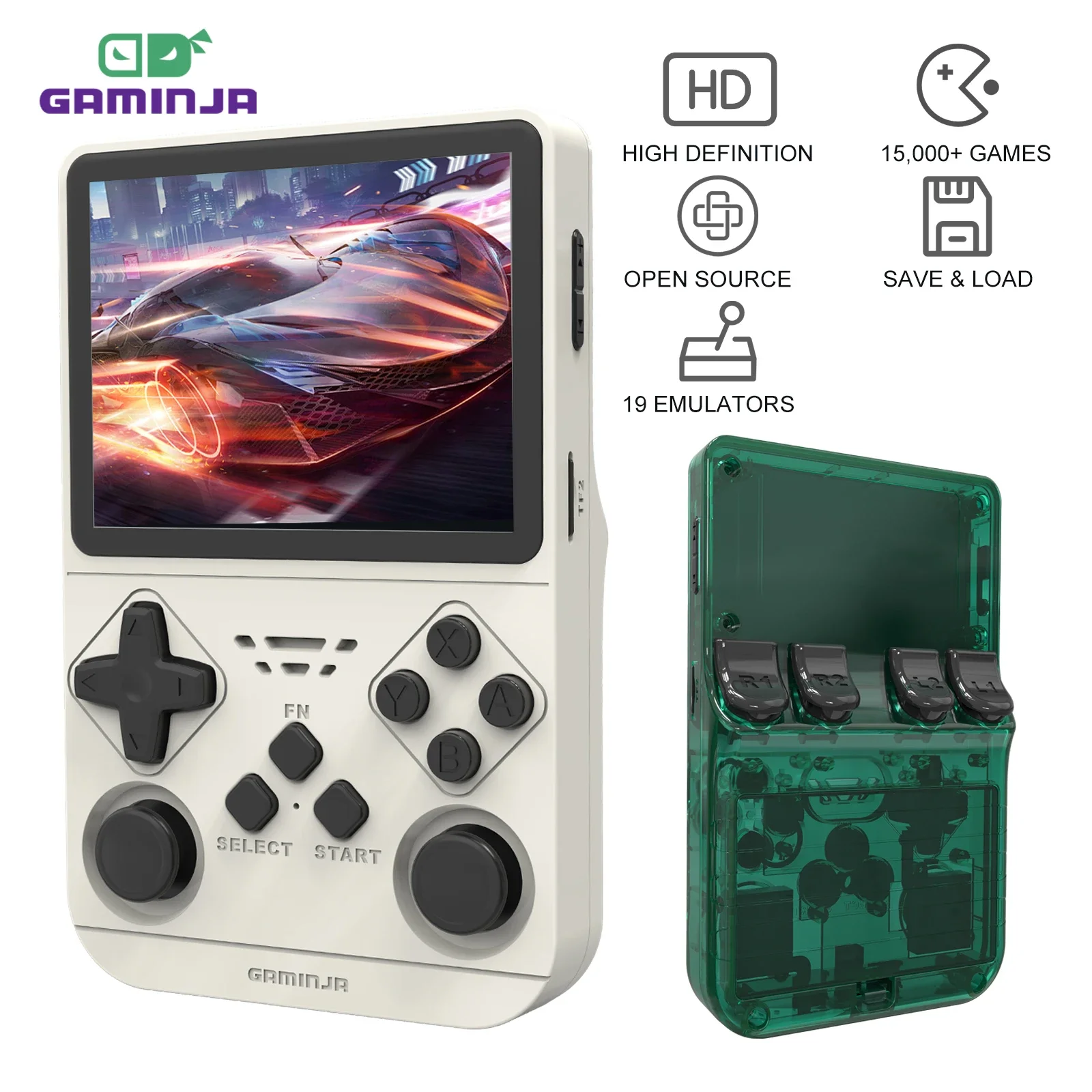 GAMINJA جديد مفتوح المصدر ريترو وحدة تحكم ألعاب فيديو محمولة بنيت في 64 جيجابايت بطاقة محاكي لشاشة PS1/PSP/DC/N64/SS 3.5 بوصة IPS
