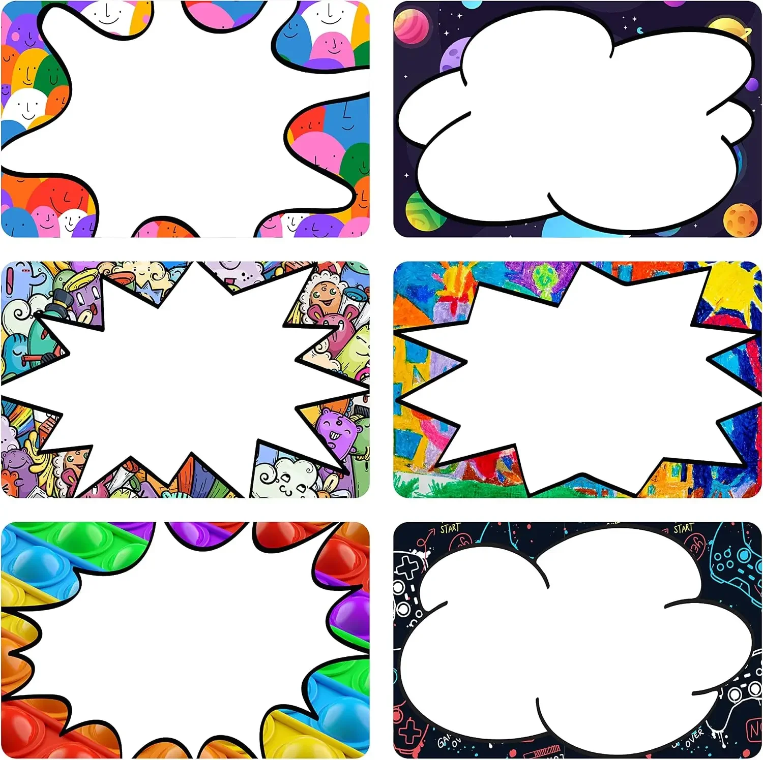 

300 Colorful Name Tags Labels Stickers 6 Designs 2.5x3 Inch for Classroom Office Home