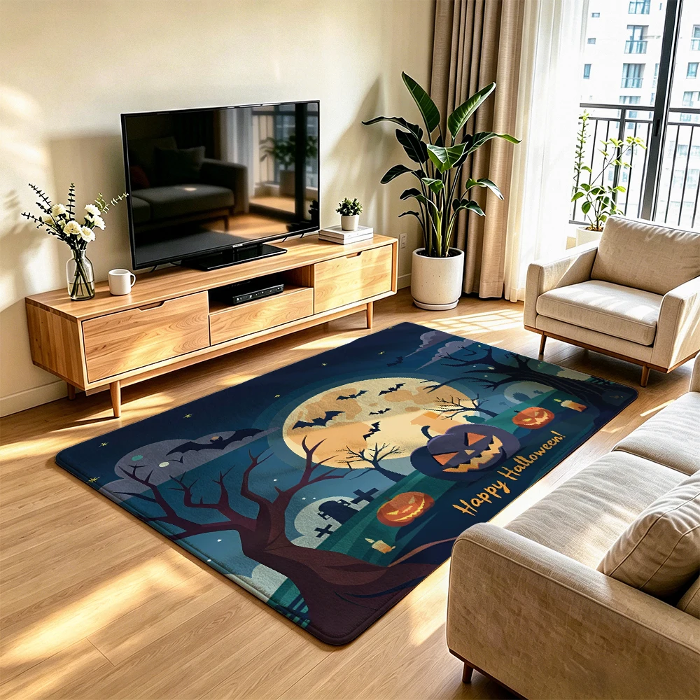 1pc Halloween Pumpkin Bat Night Scene Silicone Tufted Floor Mat, Anti Slip Carpet For Living Room Sofa Bedroom Home Decoratio