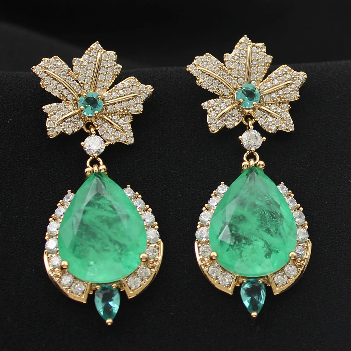 

Cubic Zirconia Tear Drop Dangle Earrings Purple Green Women Wedding Evening Party Luxury Jewelry Flower Leaf Earrings Gift