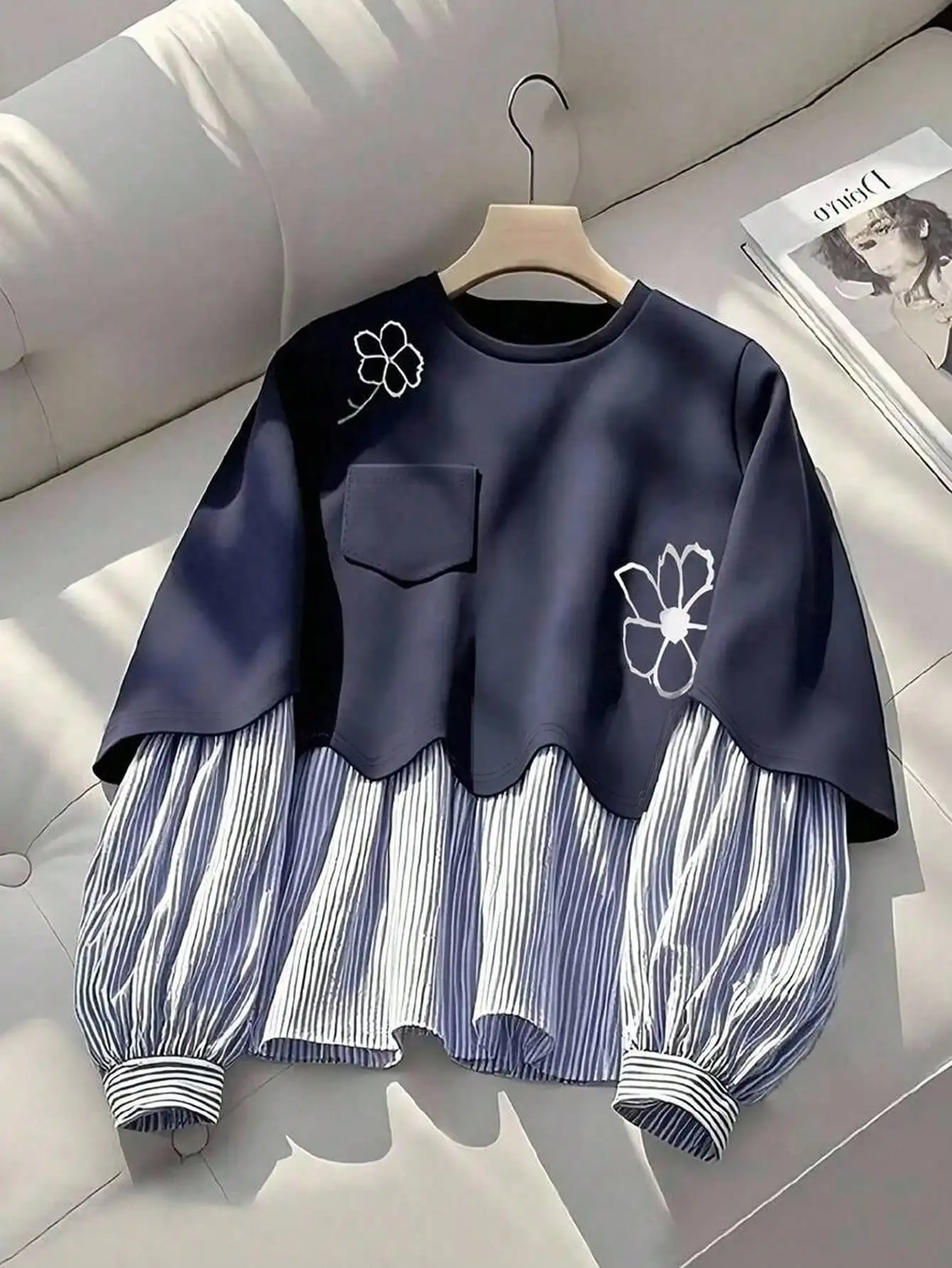 

Женская толстовка больших размеров с длинным рукавом, в полоску, с цветочным принтом, круглым вырезом, карманами, повседневная, осенняя