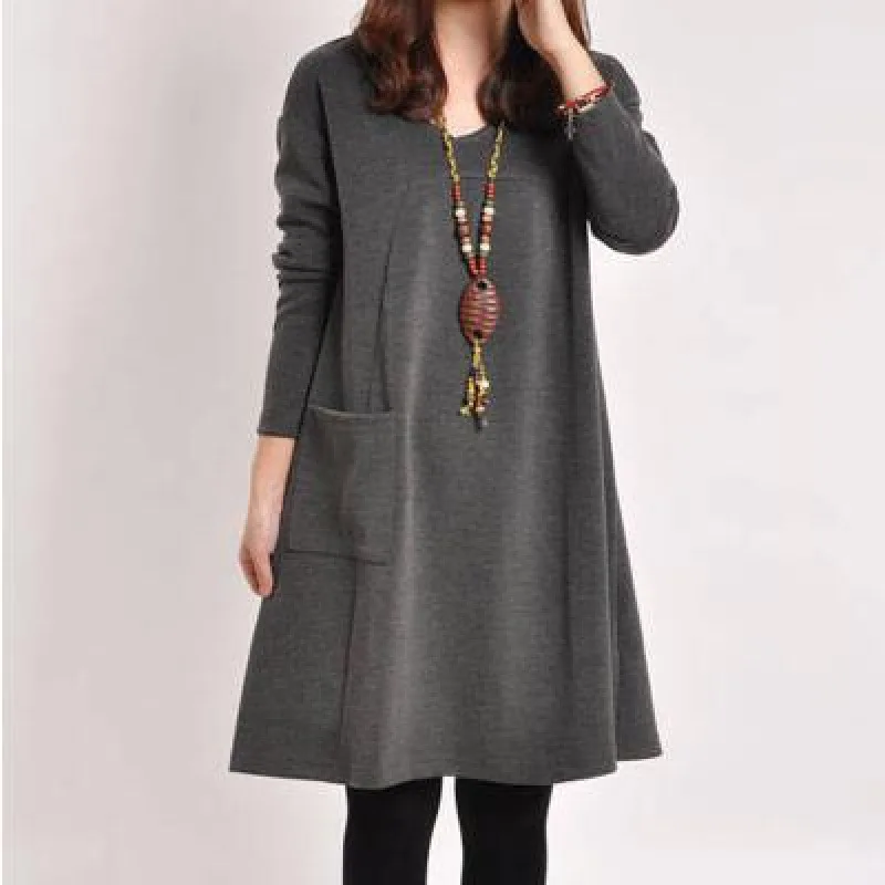 Fall Winter 2024 New Plus Size Women's Casual Comfortable Warm Simple Solid Color V Neck Loose Leggings Dress