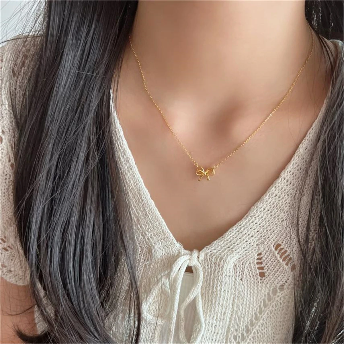 New Spanish overseas niche basic O-shaped chain bow fresh and sweet women\'s necklace copper plated gold