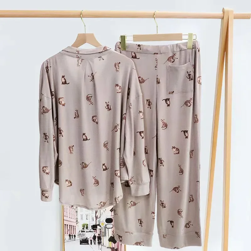 Kuzuwata V Neck Long Sleeve Cat Print Single-breasted Top Pajama Sets+high Waist Pant Sleepwear JAPAN Casual Home Wear Underwear