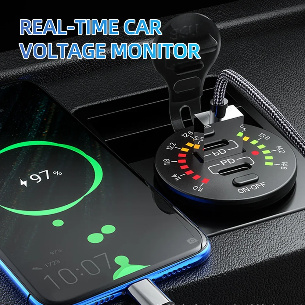 36W PD QC 3.0 Car Charger With LED Voltmeter ON OFF Switch 12/24V Waterproof USB PD Outlet Fast Charge For Car Motorcycle image 2