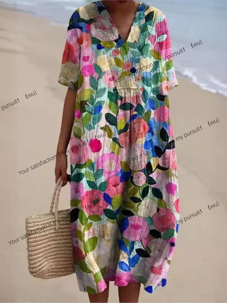 ZOCI - a loose print women's dress with an elegant V-neck short-sleeved suit, perfect for beach parties and vacations