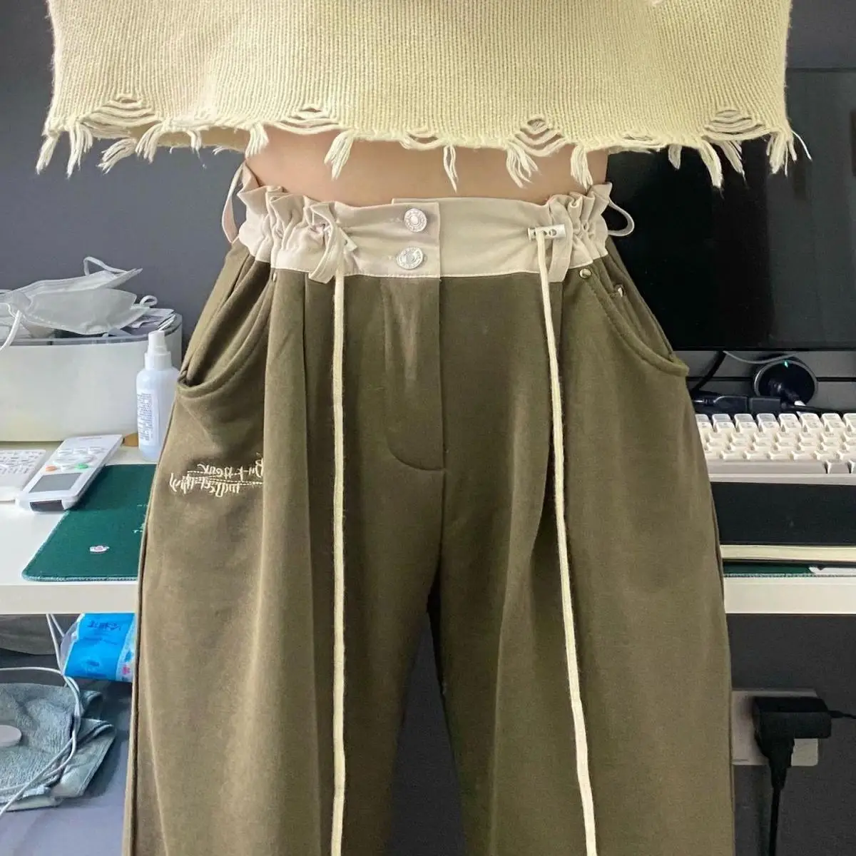 

Fall Winter Retro Baggy Green Black Pants Lace Up Women Loose Streetwear High Waist Trousers Korean Fashion Floor-Length Pant