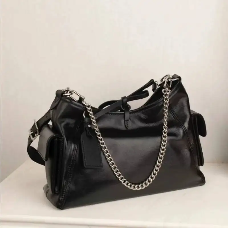 Black Tied Chain Tote Women Leather Large Capacity Ing Shoulder Ladies Retro Sle Commute Casual Crossbody Bag 2025
