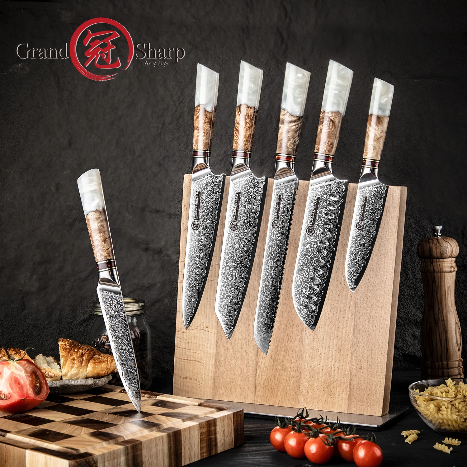

Набор кухонных ножей Grandsharp, 1-6 шт., 67-слойная дамасская сталь, ручка из массива дерева, универсальный нож шеф-повара с подарочной коробкой