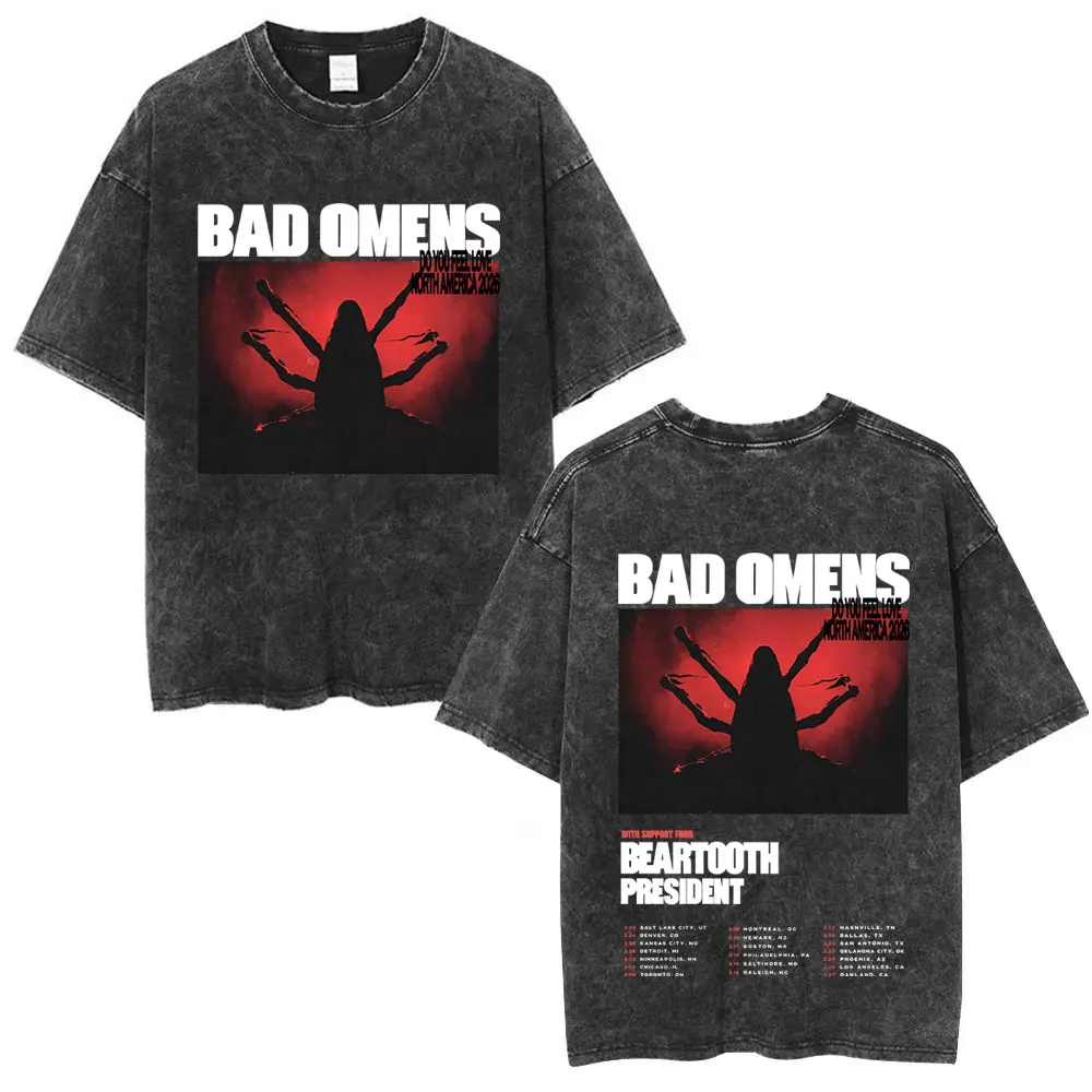 Camisetas con gráficos de la gira europea para hombre y mujer, camiseta informal de gran tamaño con banda de Rock Vintage lavada, Bad Omens Do You Feel Love 2025