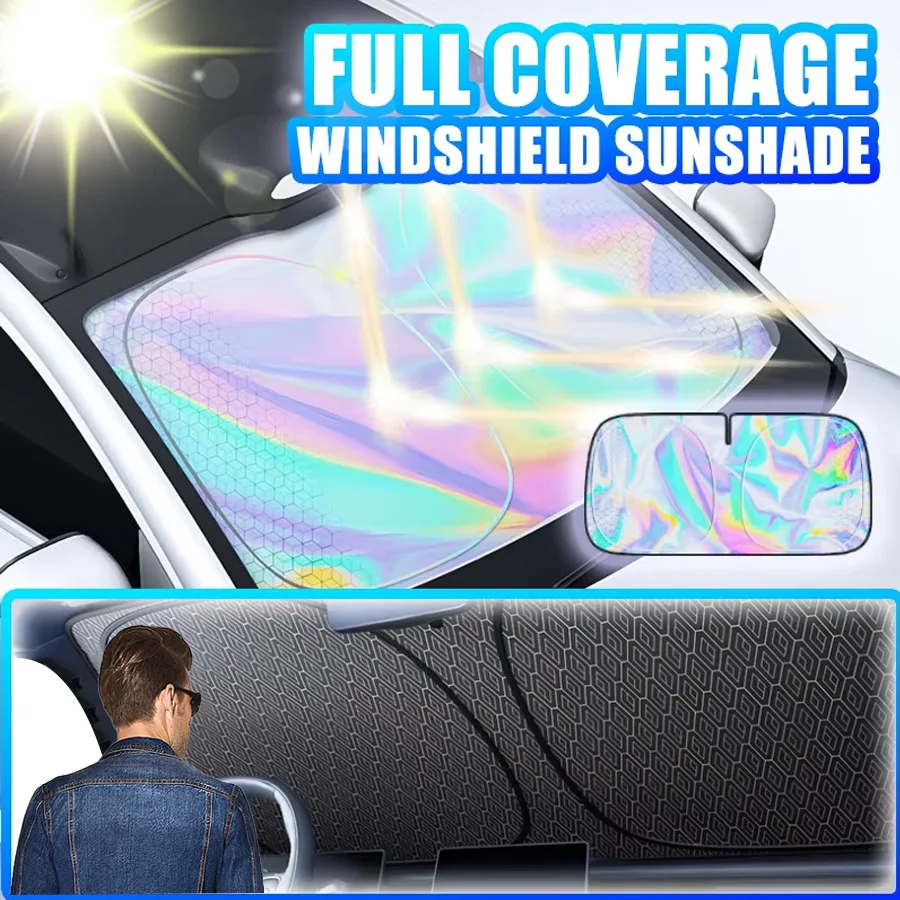 مظلة عالمية للزجاج الأمامي للسيارة، درع شمسي حراري قابل للطي مع انعكاس ليزر من التيتانيوم للسيارات والشاحنات وسيارات الدفع الرباعي #1