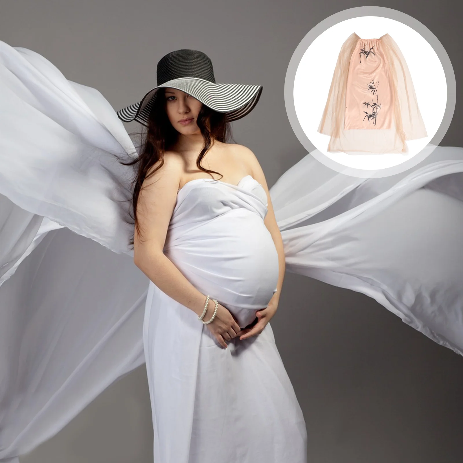 

Elegant Strapless Pregnancy Gown Bamboo Leaf Print Maternity Dress for Photoshoot Comfortable Stunning Maternity Outfit