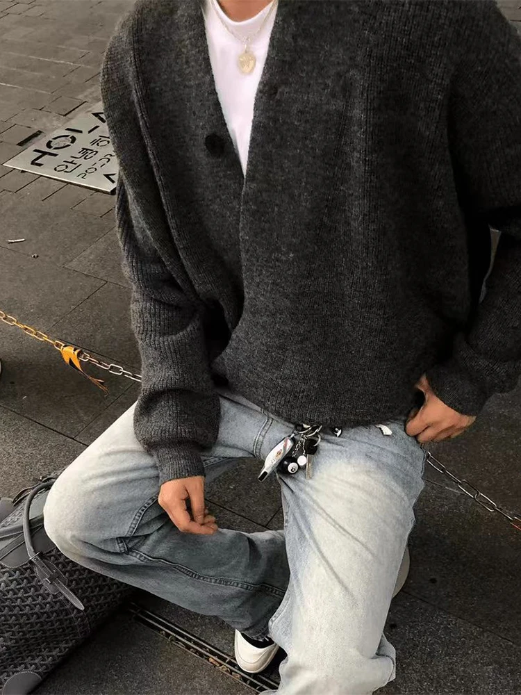 

Мужской вязаный кардиган-свитер однотонный универсальный осенне-зимний с воротником-стойкой, теплый, для активного отдыха, свободного кроя, из мягкого полиэстера