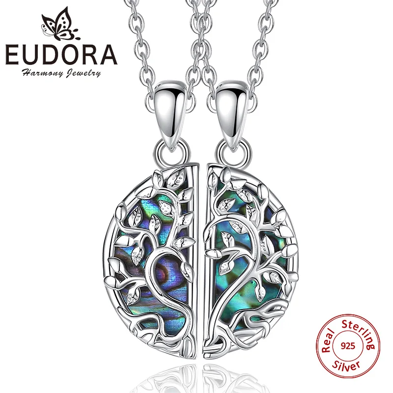 Eudora 925 Sterling Silver Tree of Life Best Friends Necklace Abalone Shell Pendant for 2 Pcs/ Set BFF Friendship Sister Jewelry