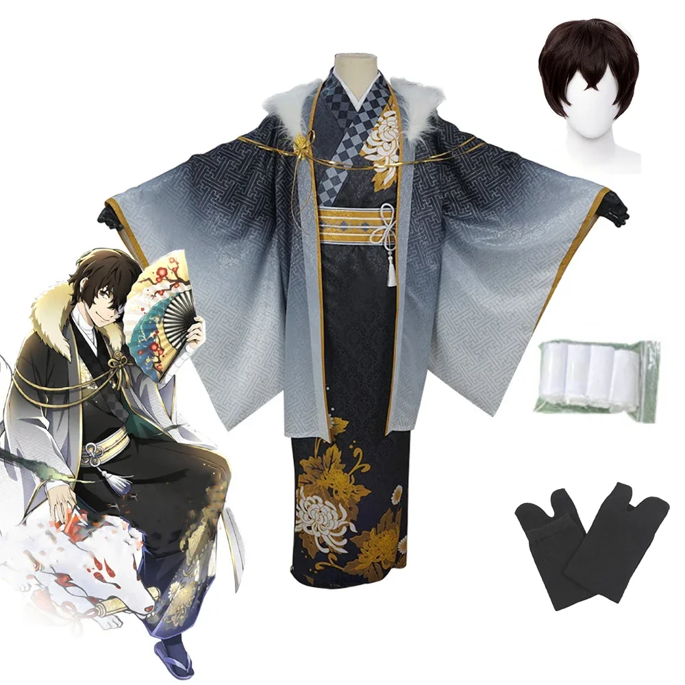 

Anime Bungou Stray Dogs Cosplay Costume Dazai Osamu Cosplay Clothing Black kimono Wig Outfit men Halloween party uniform