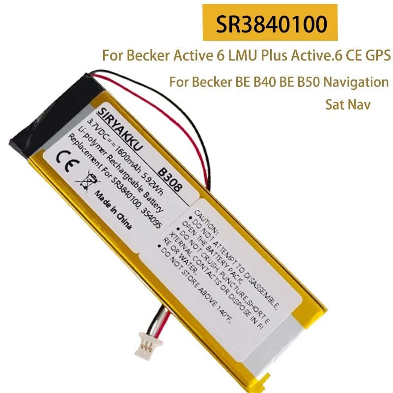Batería SR3840100 para Becker Active 6 LMU Plus Active.6 CE GPS para Becker BE B40 BE B50 navegación Sat Nav li-polymer 1600mAh