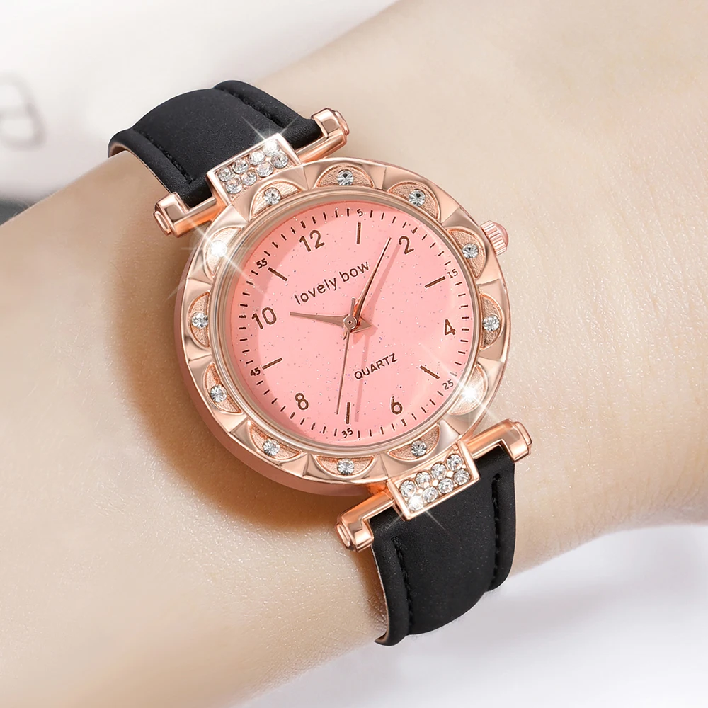 1PCS LovelyBow Simple Luxury Leather Black Strap Watch Casual Fashion Quartz Watch Is The Perfect Gift For Her (No Box)