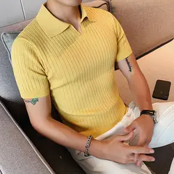 Screw Thread Turn-down Collar Solid Color Pullover Sweater Knitted Men's Clothing Short Sleeve T-shirt Fashionable Casual Tops