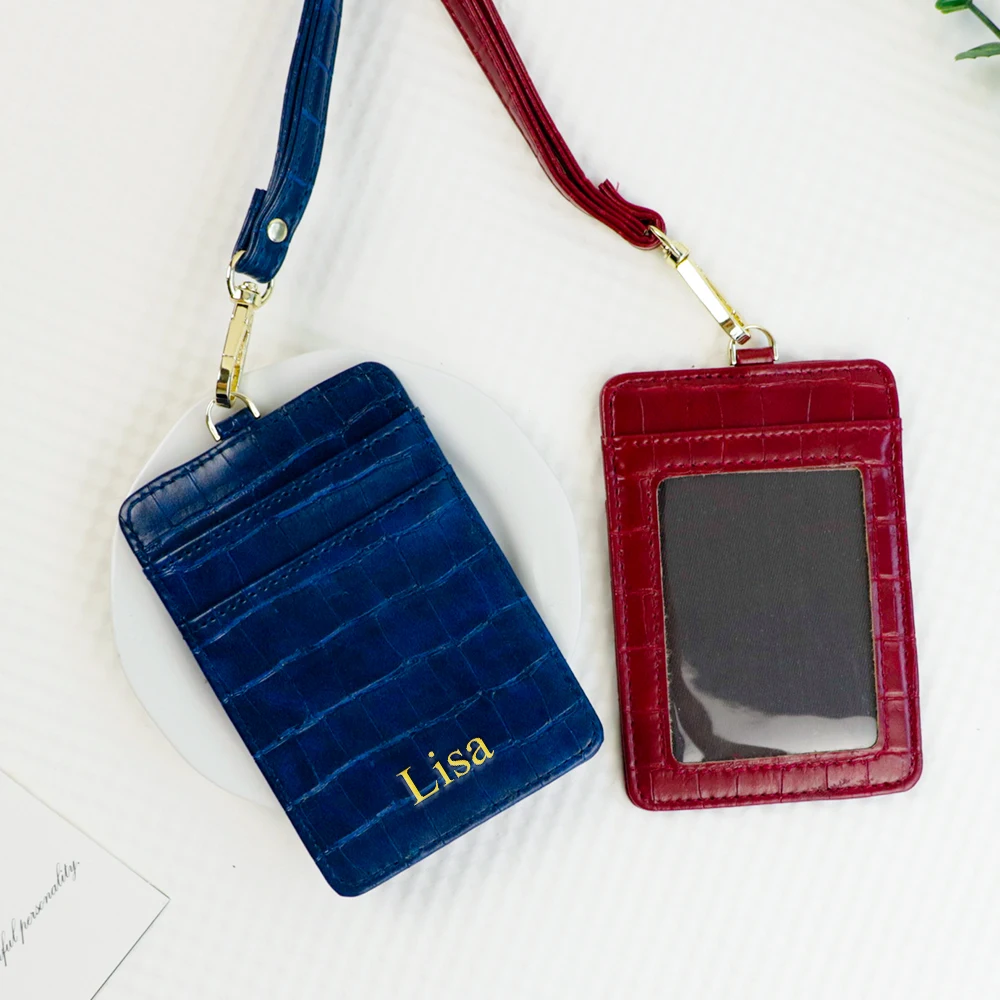 Aangepaste naam krokodil PU lederen lanyard kaarthouder, multifunctionele nek ID-kaarthouder, creditcardhouder, werkkaart