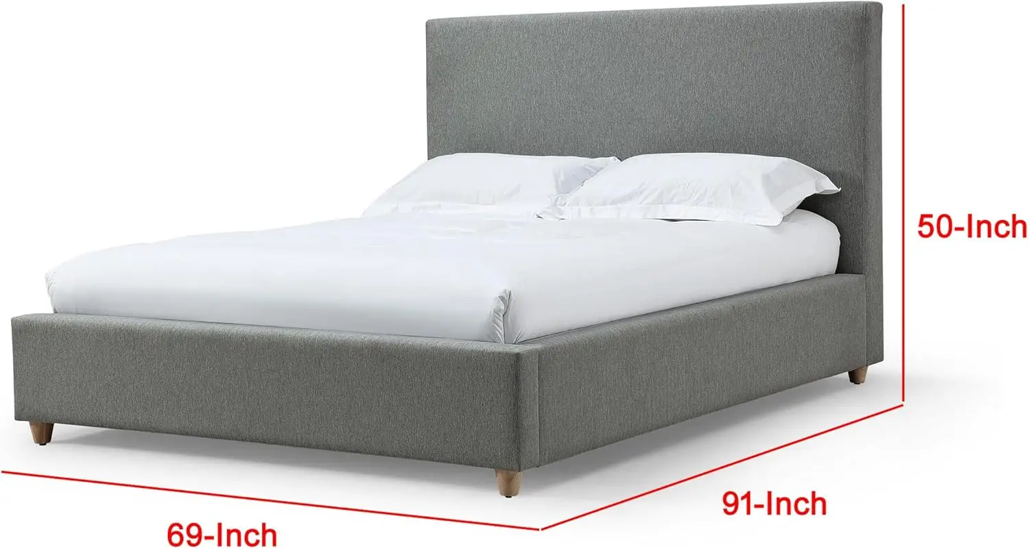 Benjara Azin Modern Queen Size Platform Bed, Panel Headboard, Dark Gray Upholstery