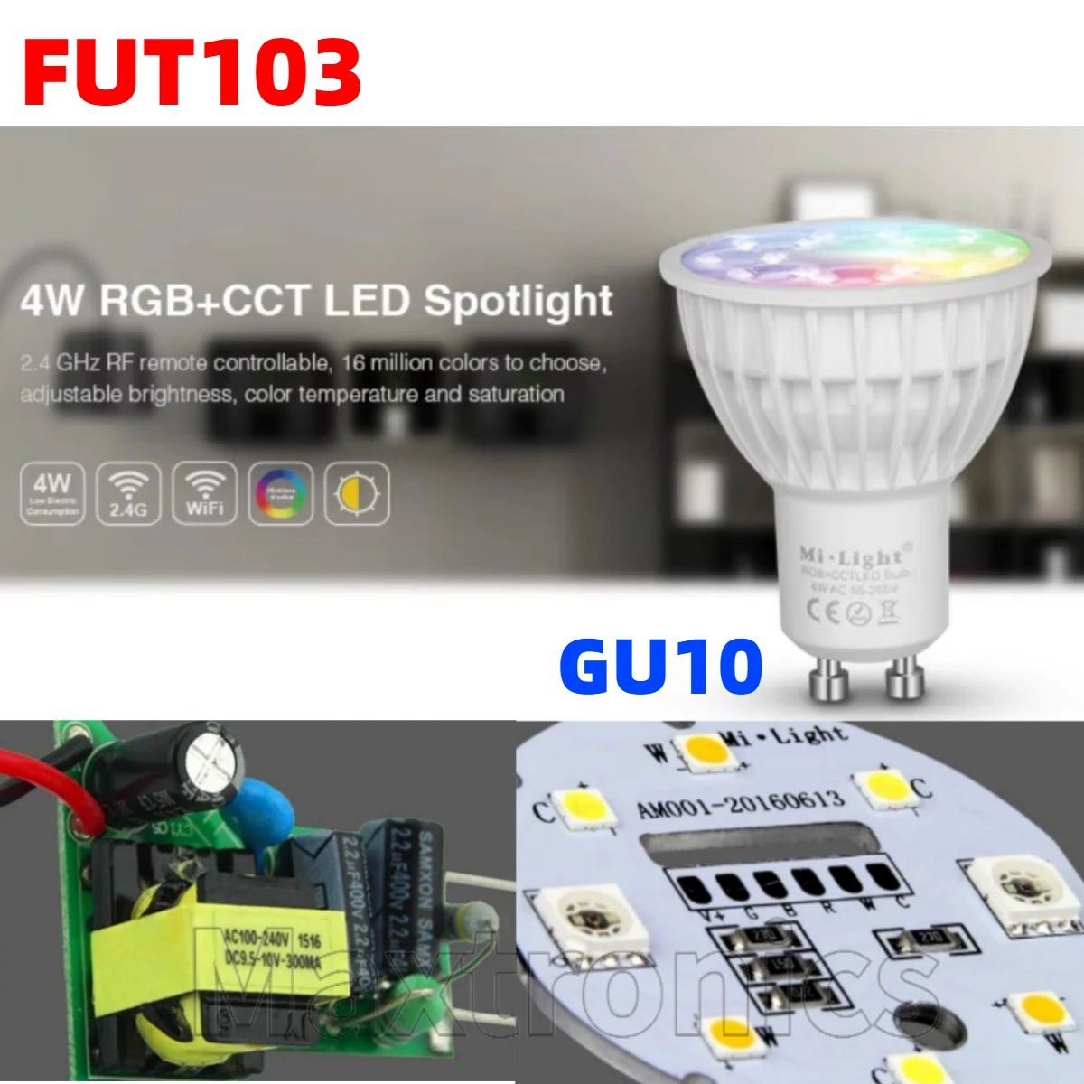 

Светодиодная лампа GU10 4 Вт FUT103 Miboxer с регулируемой яркостью, светодиодная лампа AC86-265V RGB + теплый белый + белый (RGB + CCT), прожектор для гостиной в помещении