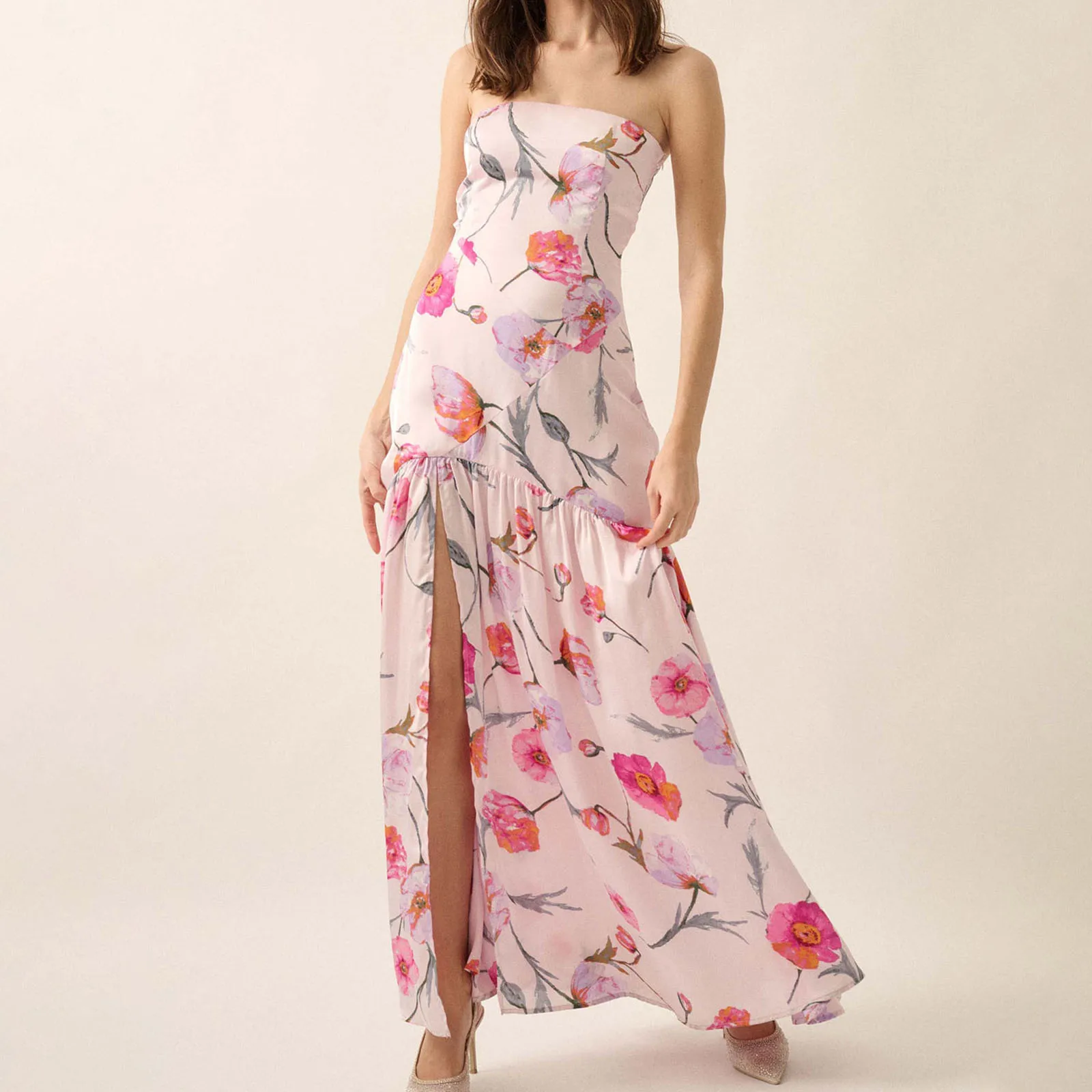 새로운 패션 여성 스트랩리스 드레스 세련된 플로럴 프린트 하이 슬릿 슬리브리스 튜브 롱 드레스 여름 핫세일 S M L