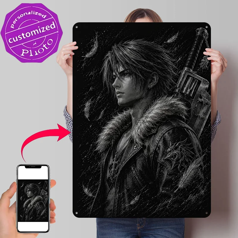 Póster Metálico 3D de Squall Leonhart con Gunblade de FF VIII, Letrero de Metal Personalizado para Decoración de Pared, Regalo para Cuarto de Hombre, Decoración de Habitación