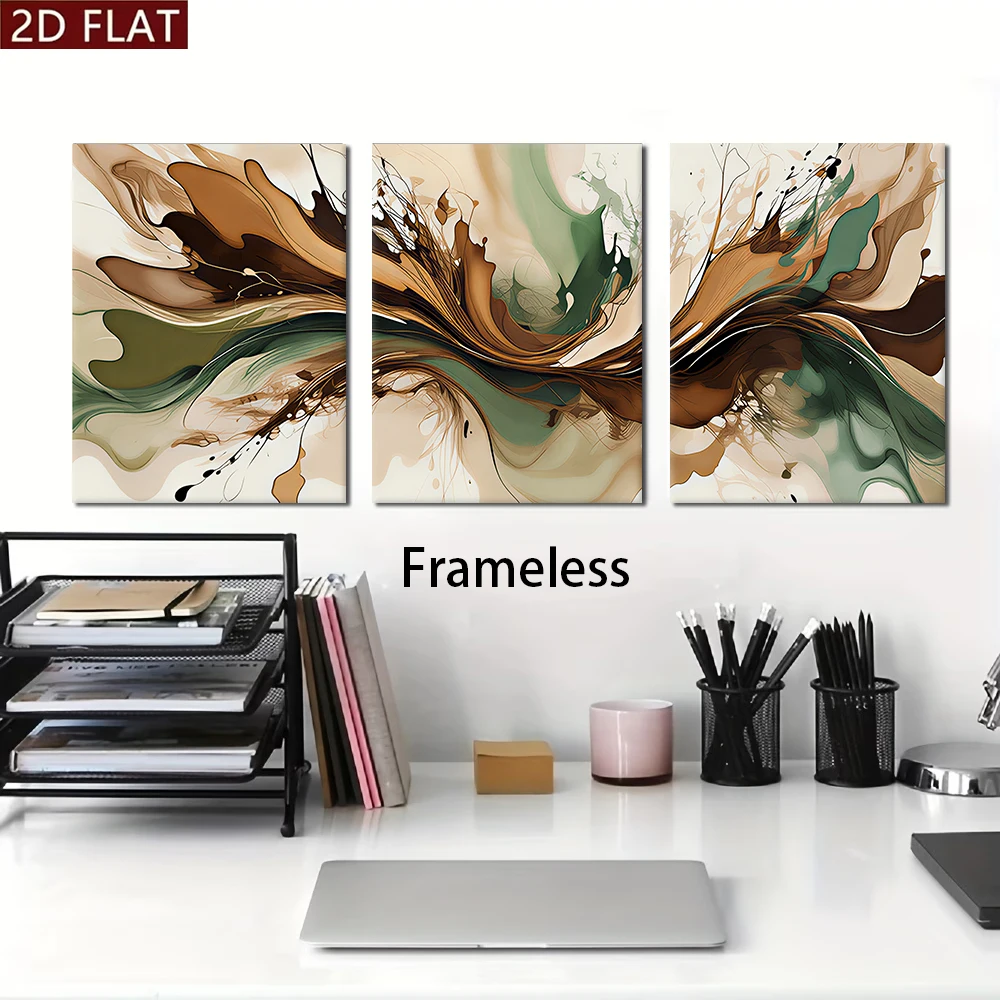 1 set of modern abstract ink triple frameless decorative paintings, living room sofa background wall, green brown art splash pai